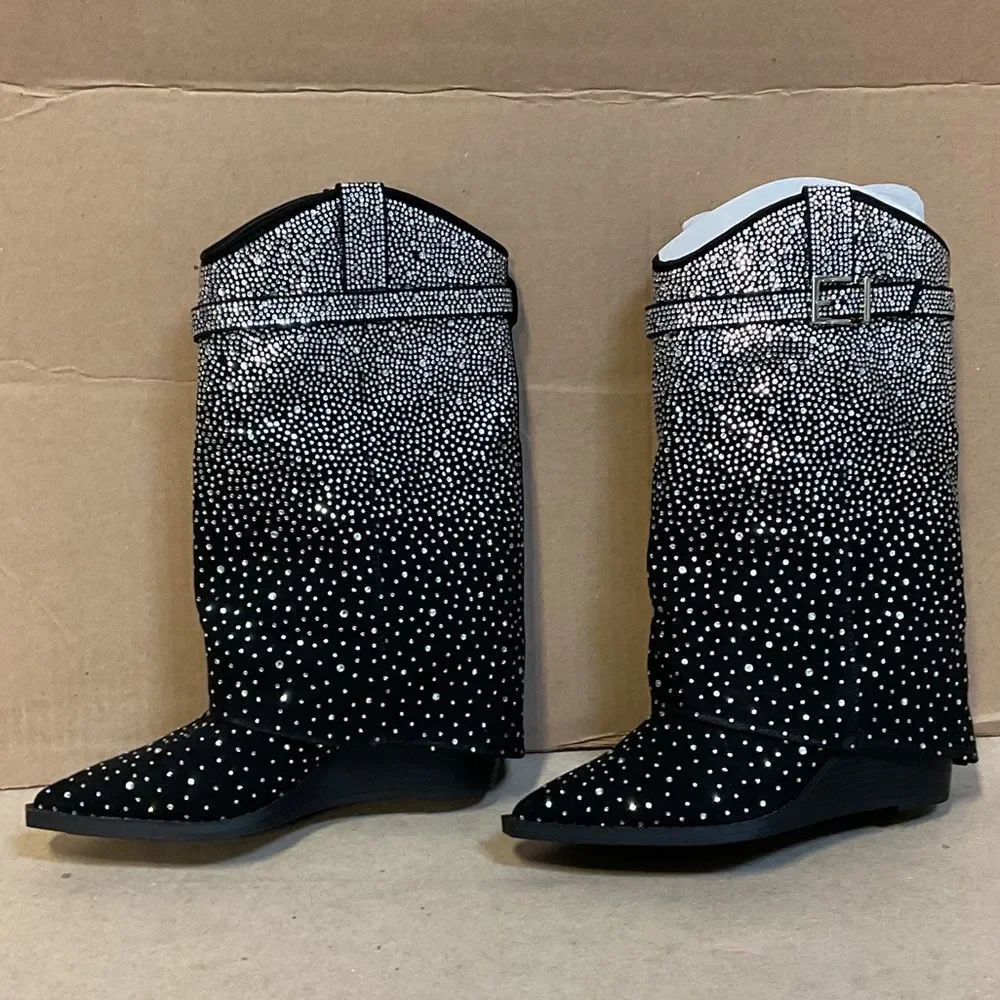 Madden Girl Black and White Rhinestone Heeled Boots - Picture 2 of 5